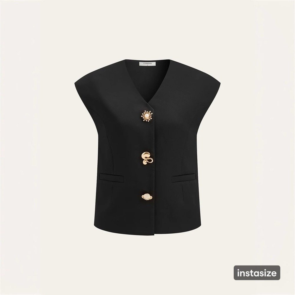 NWT Commense XS Sleeveless Blazer Cap Sleeve Vest Black Metal Button Detail